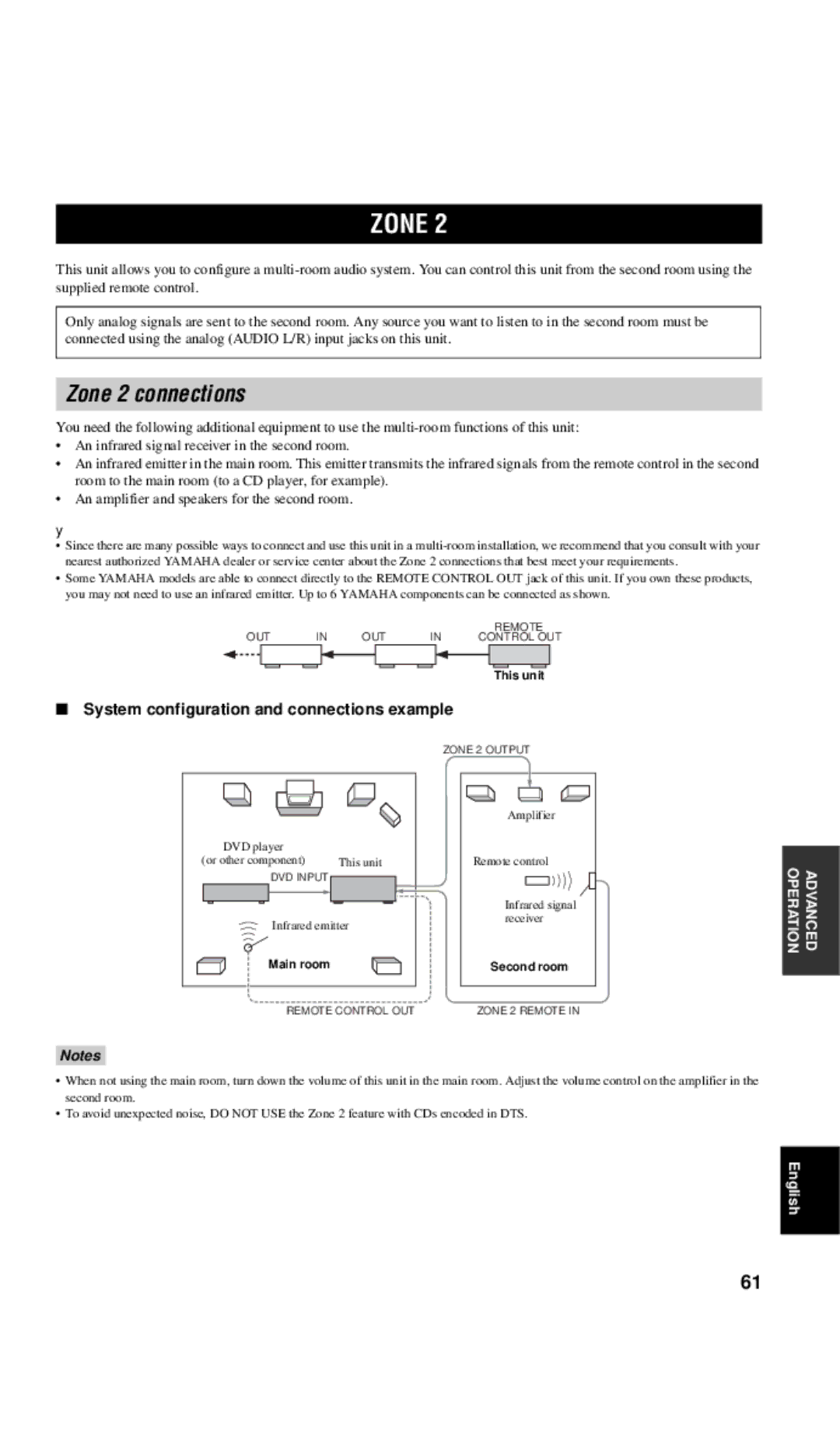 Yamaha RX-V557 owner manual Zone 2 connections, System configuration and connections example 