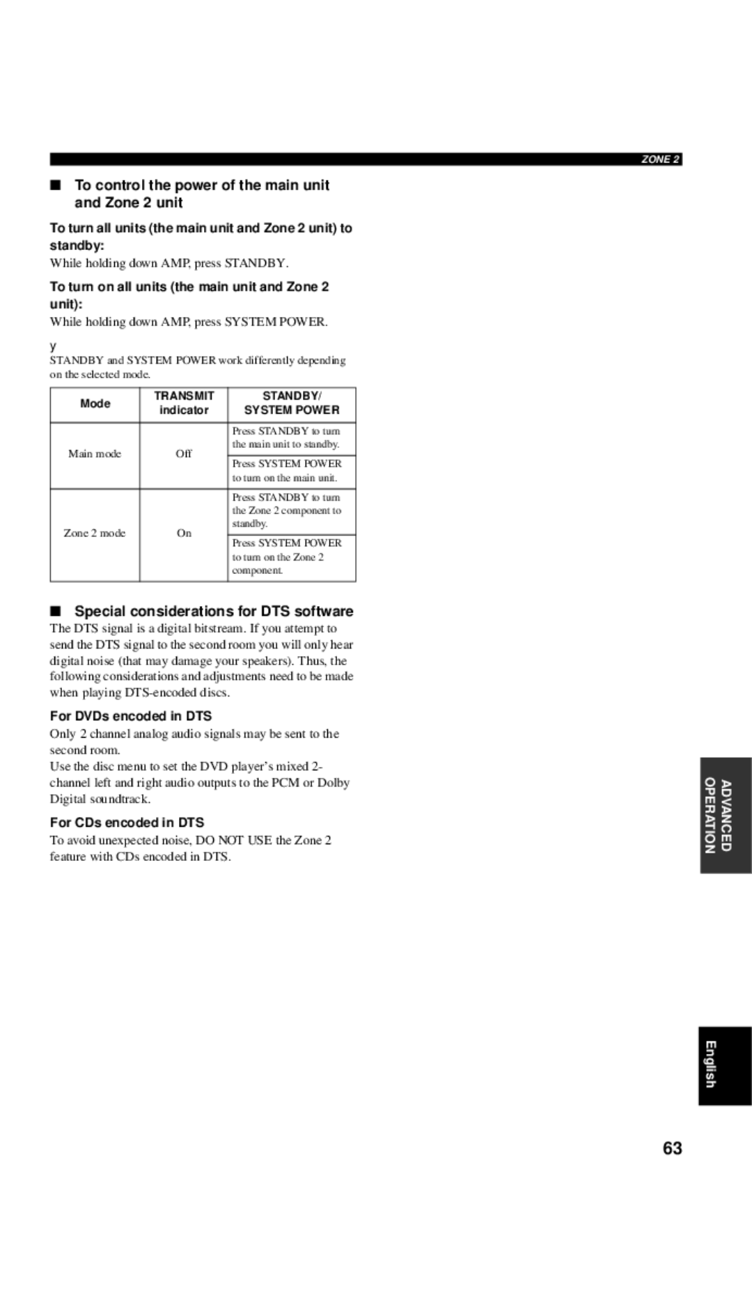 Yamaha RX-V557 owner manual To turn on all units the main unit and Zone 2 unit, Special considerations for DTS software 