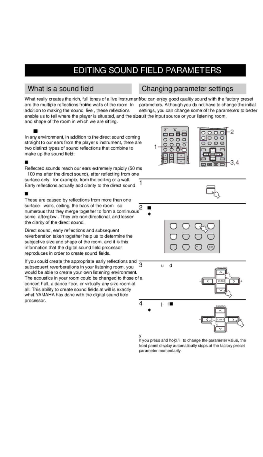 Yamaha RX-V557 owner manual Editing Sound Field Parameters, What is a sound field Changing parameter settings 