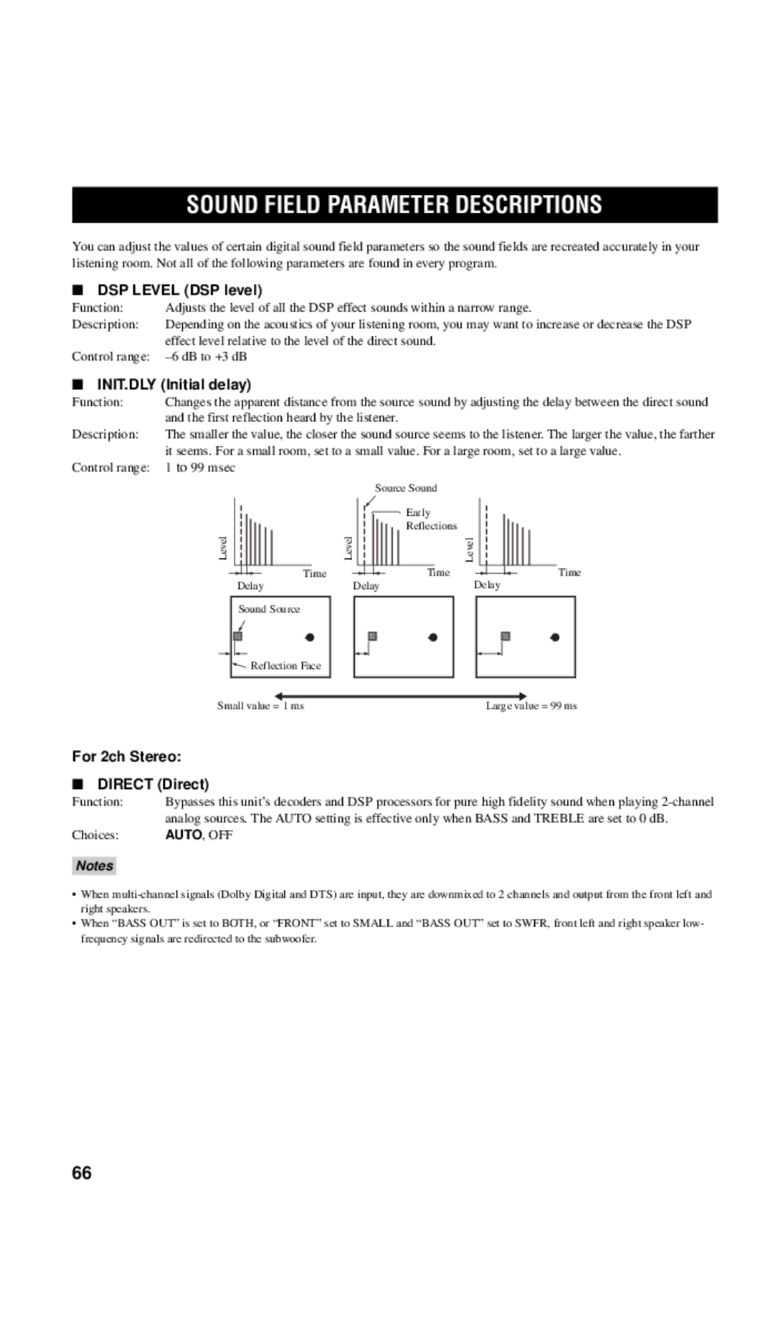 Yamaha RX-V557 owner manual Sound Field Parameter Descriptions, DSP Level DSP level, INIT.DLY Initial delay 