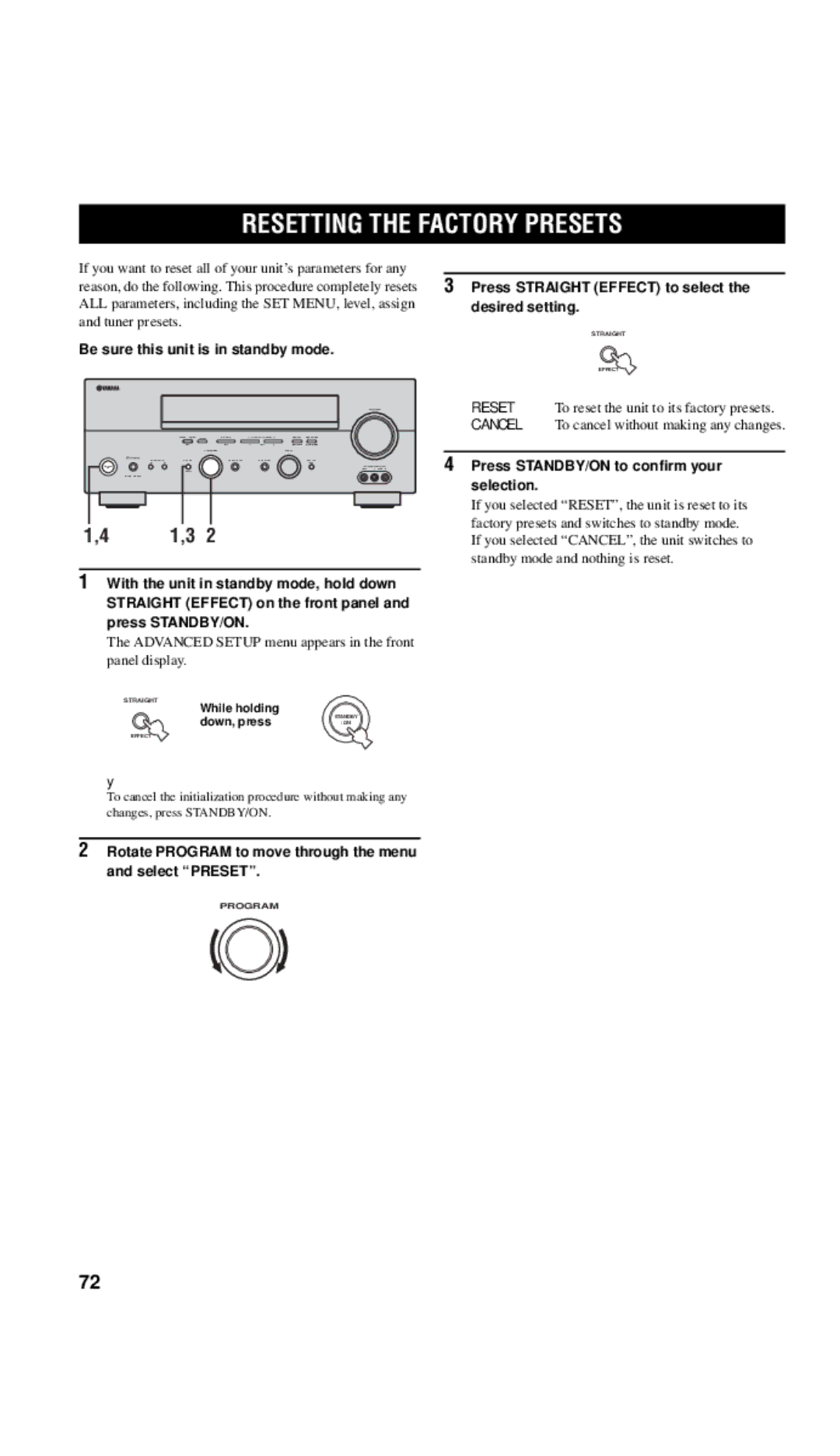 Yamaha RX-V557 owner manual Resetting the Factory Presets, Advanced Setup menu appears in the front panel display 