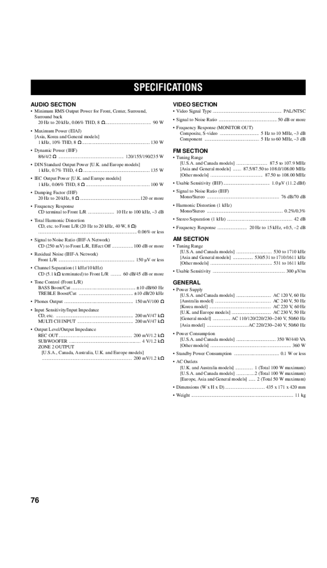 Yamaha RX-V557 owner manual Specifications 