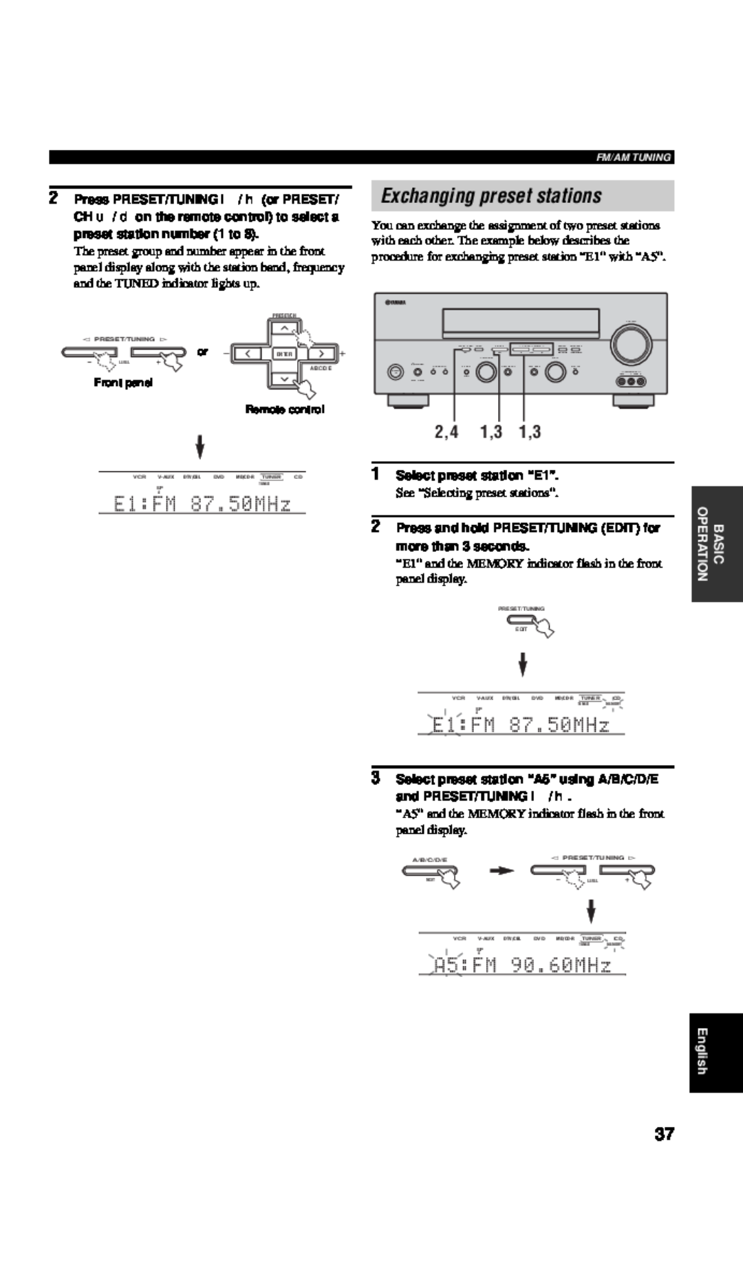 Yamaha RX-V557 owner manual Exchanging preset stations, 2,4 1,3 1,3, 1Select preset station “E1” 