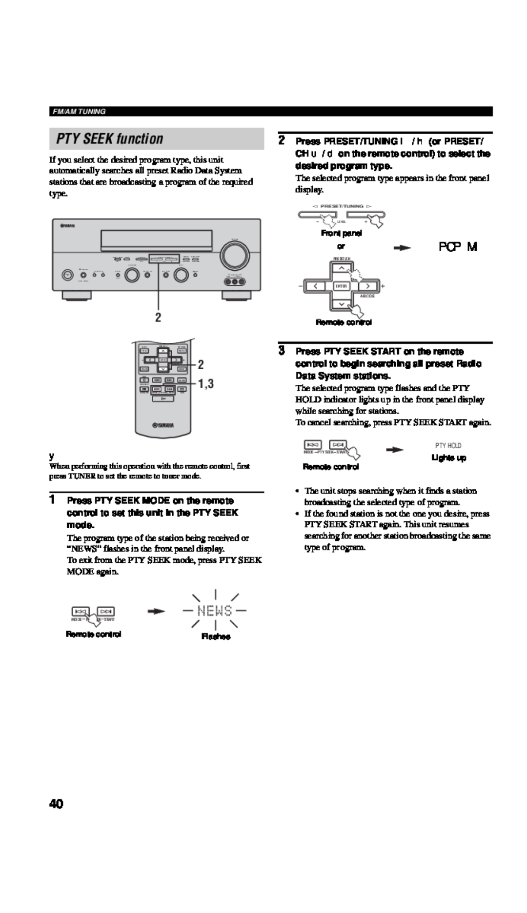Yamaha RX-V557 owner manual PTY SEEK function, 2 2 1,3, Pop M 
