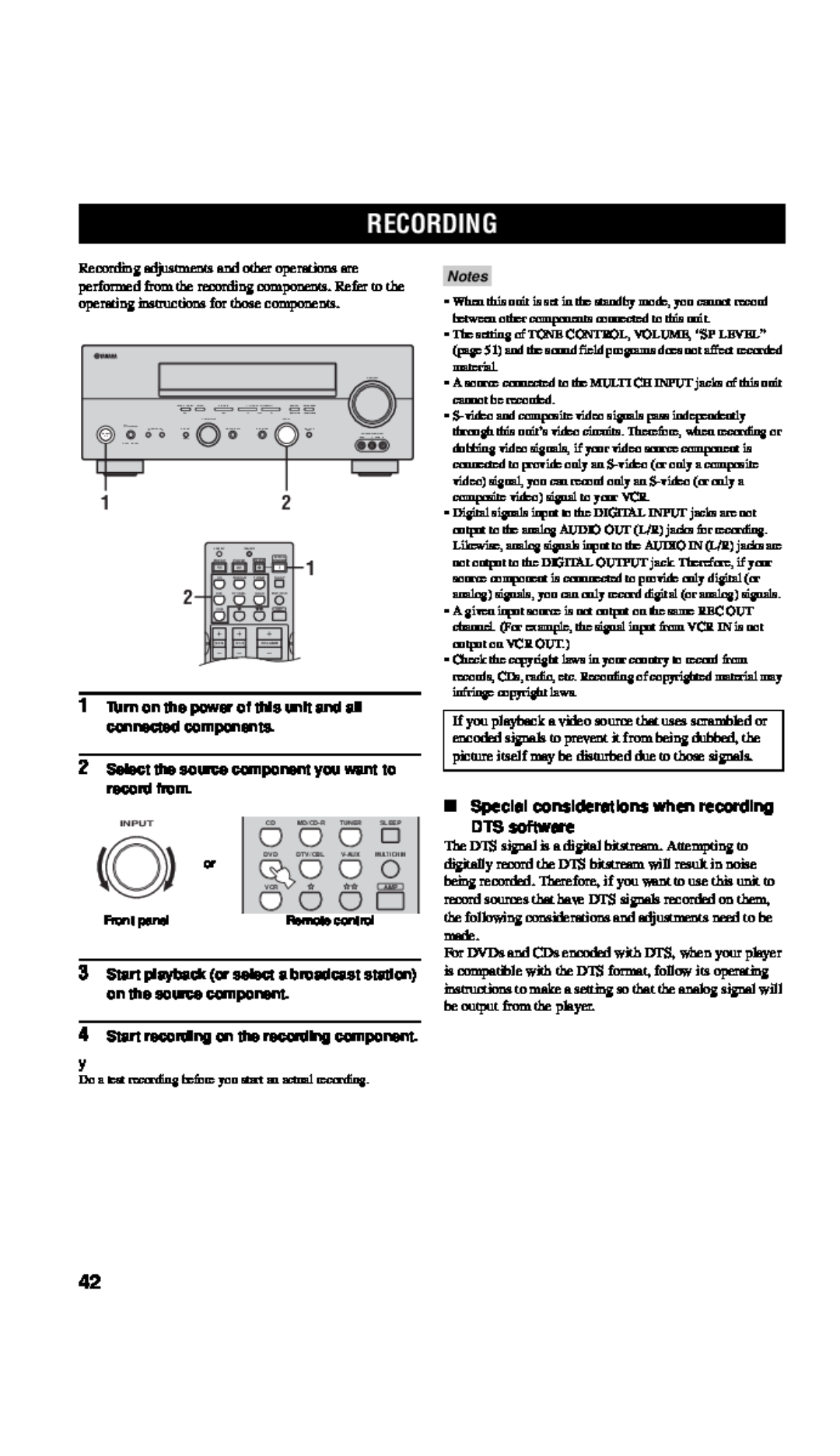 Yamaha RX-V557 Recording, 4Start recording on the recording component, Special considerations when recording, DTS software 