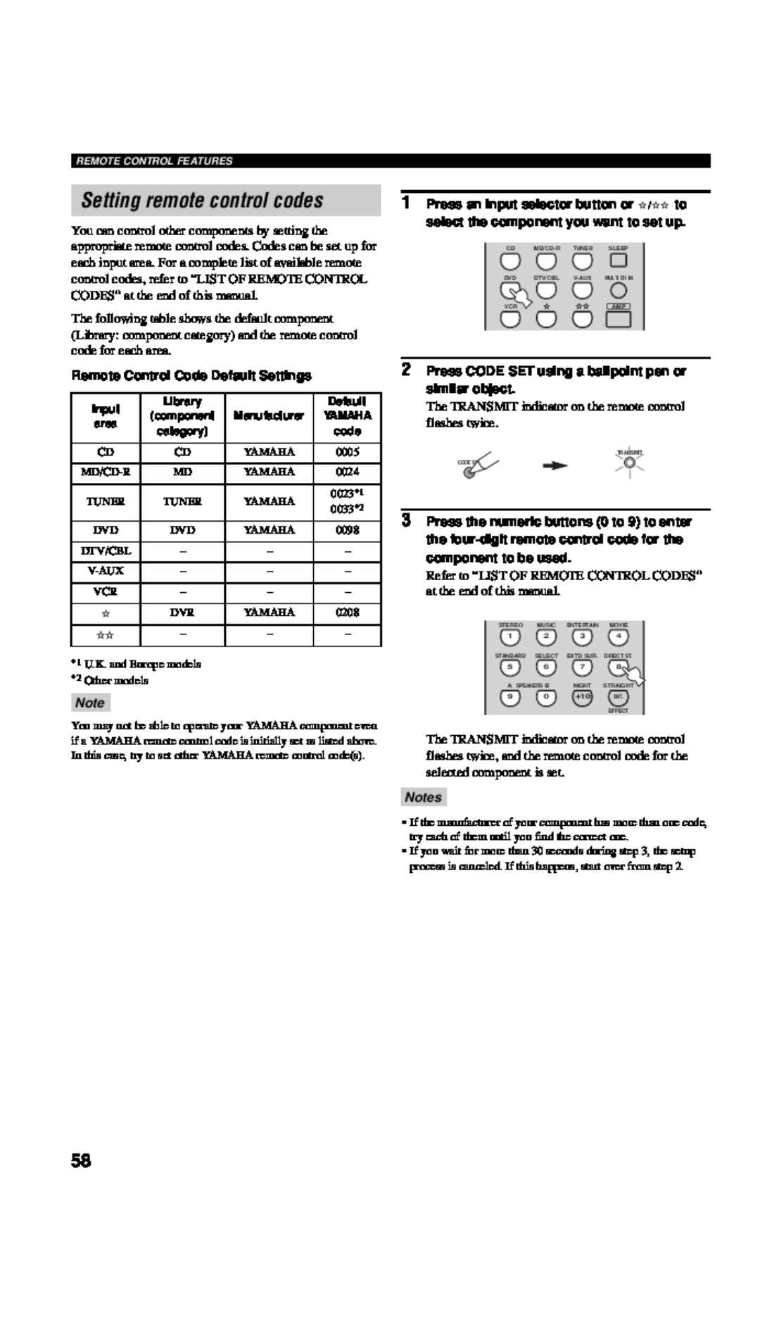 Yamaha RX-V557 owner manual Setting remote control codes, Remote Control Code Default Settings 
