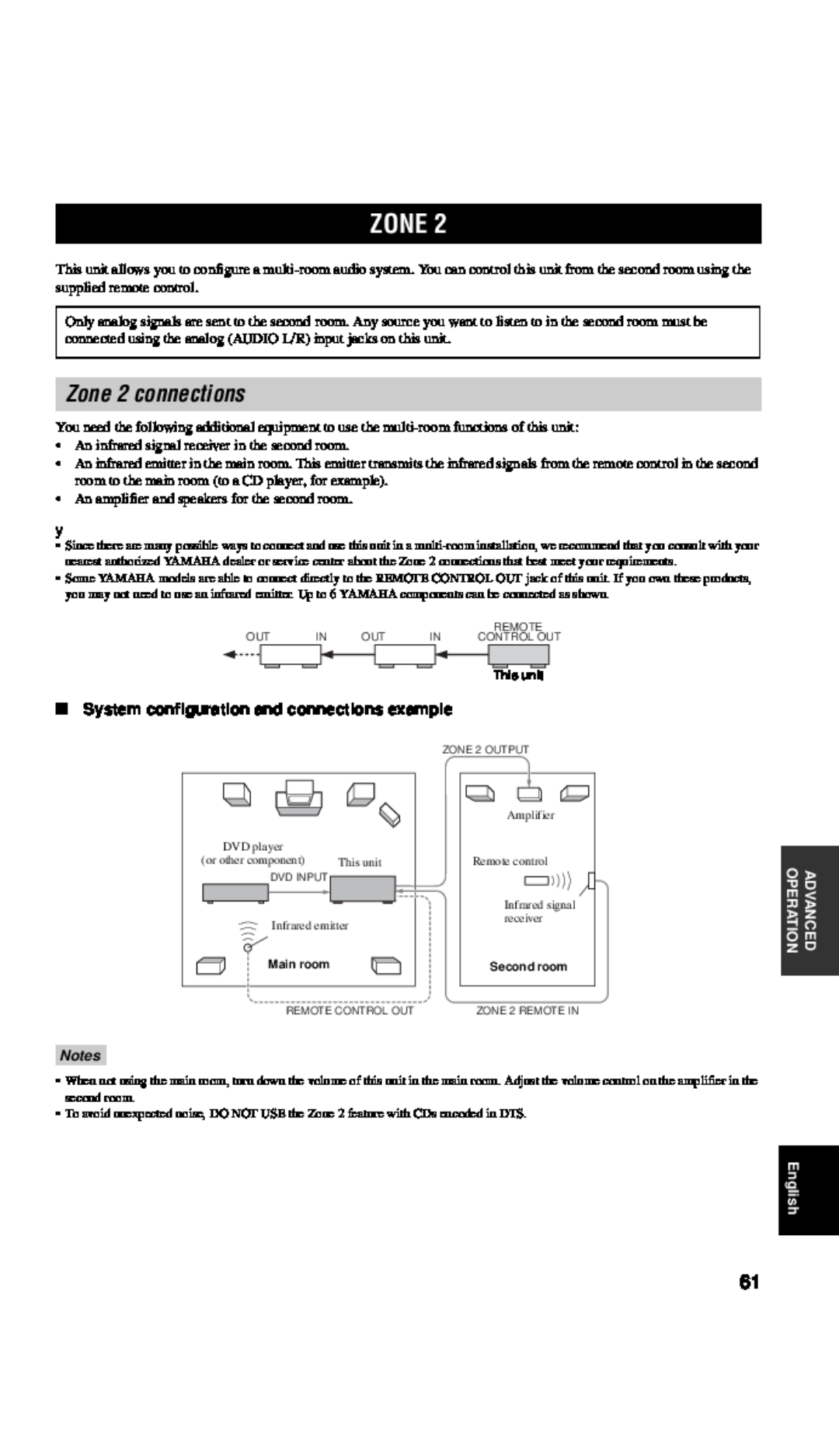 Yamaha RX-V557 owner manual Zone 2 connections, System configuration and connections example 
