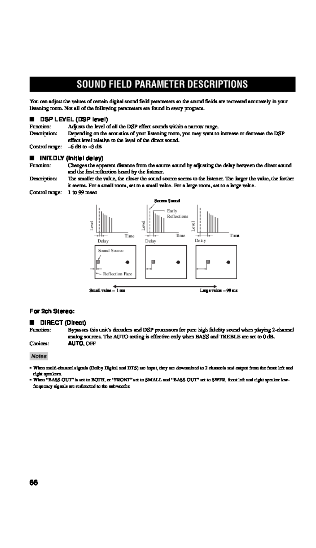 Yamaha RX-V557 owner manual Sound Field Parameter Descriptions, DSP LEVEL DSP level, INIT.DLY Initial delay 