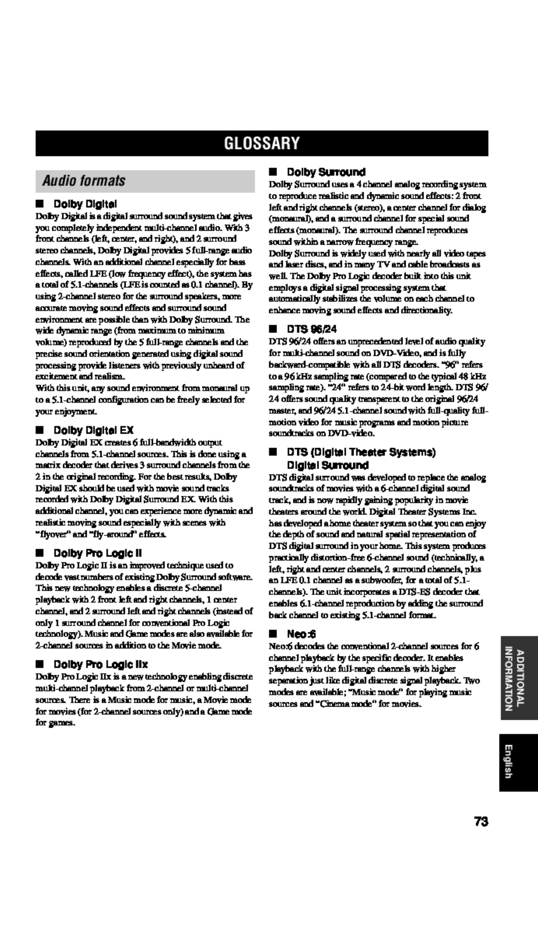 Yamaha RX-V557 owner manual Glossary, Audio formats, Dolby Digital EX, Dolby Pro Logic, Dolby Surround, DTS 96/24, Neo 