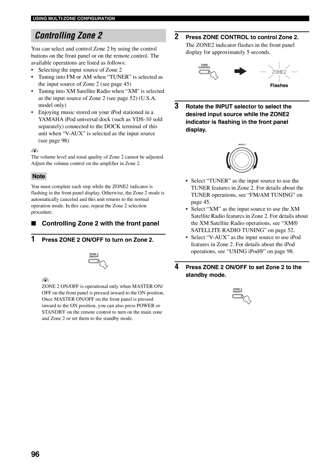 Yamaha RX-V559 owner manual Controlling Zone 2 with the front panel, Press Zone 2 ON/OFF to turn on Zone 