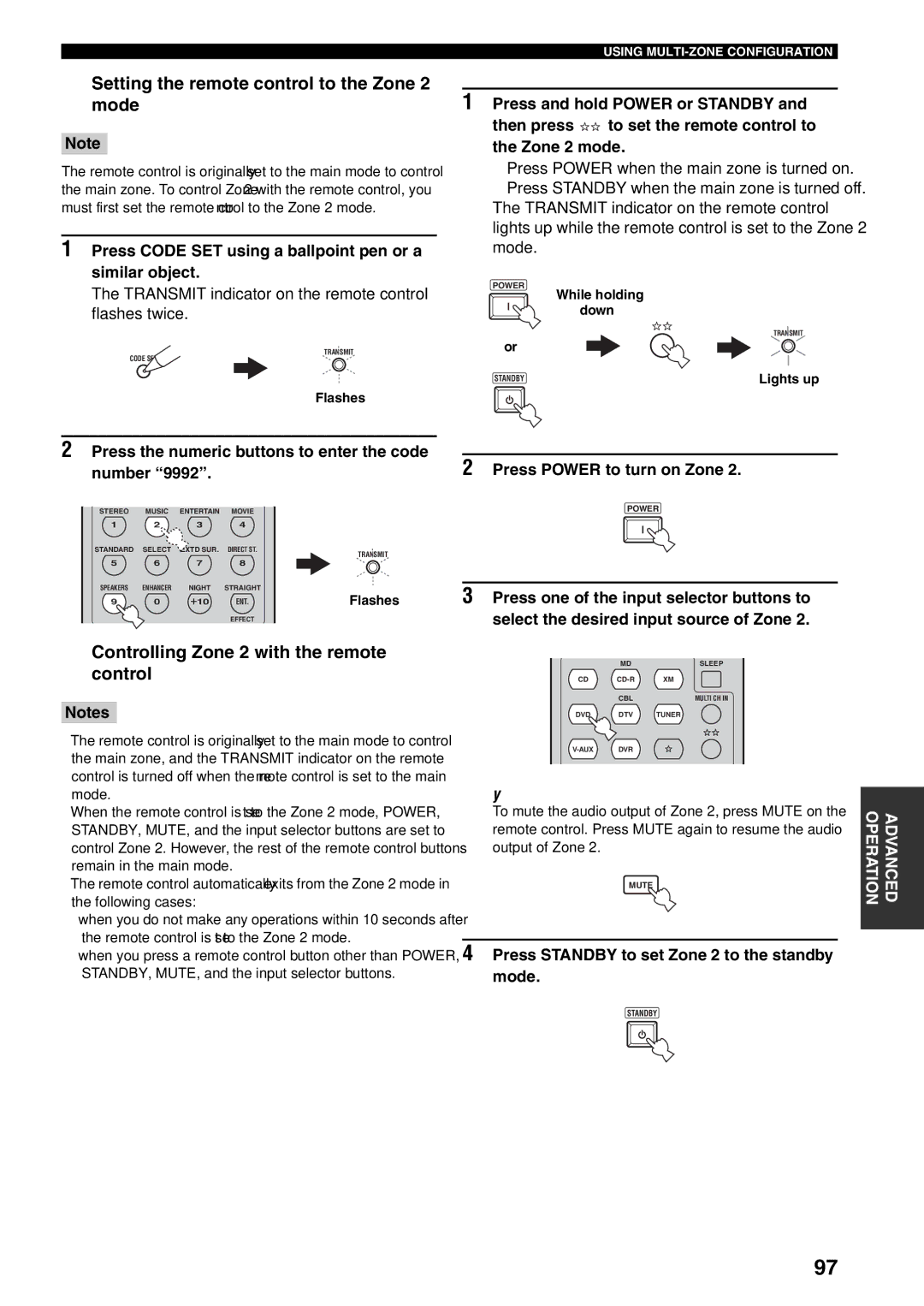 Yamaha RX-V559 owner manual Setting the remote control to the Zone Mode, Controlling Zone 2 with the remote control 