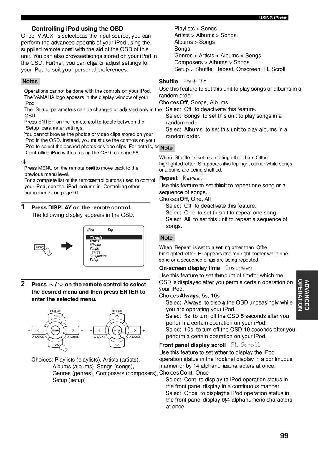 Yamaha RX-V559 owner manual Controlling iPod using the OSD 