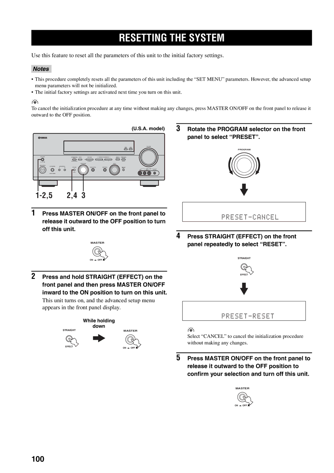 Yamaha RX-V559 owner manual Resetting the System, 100 