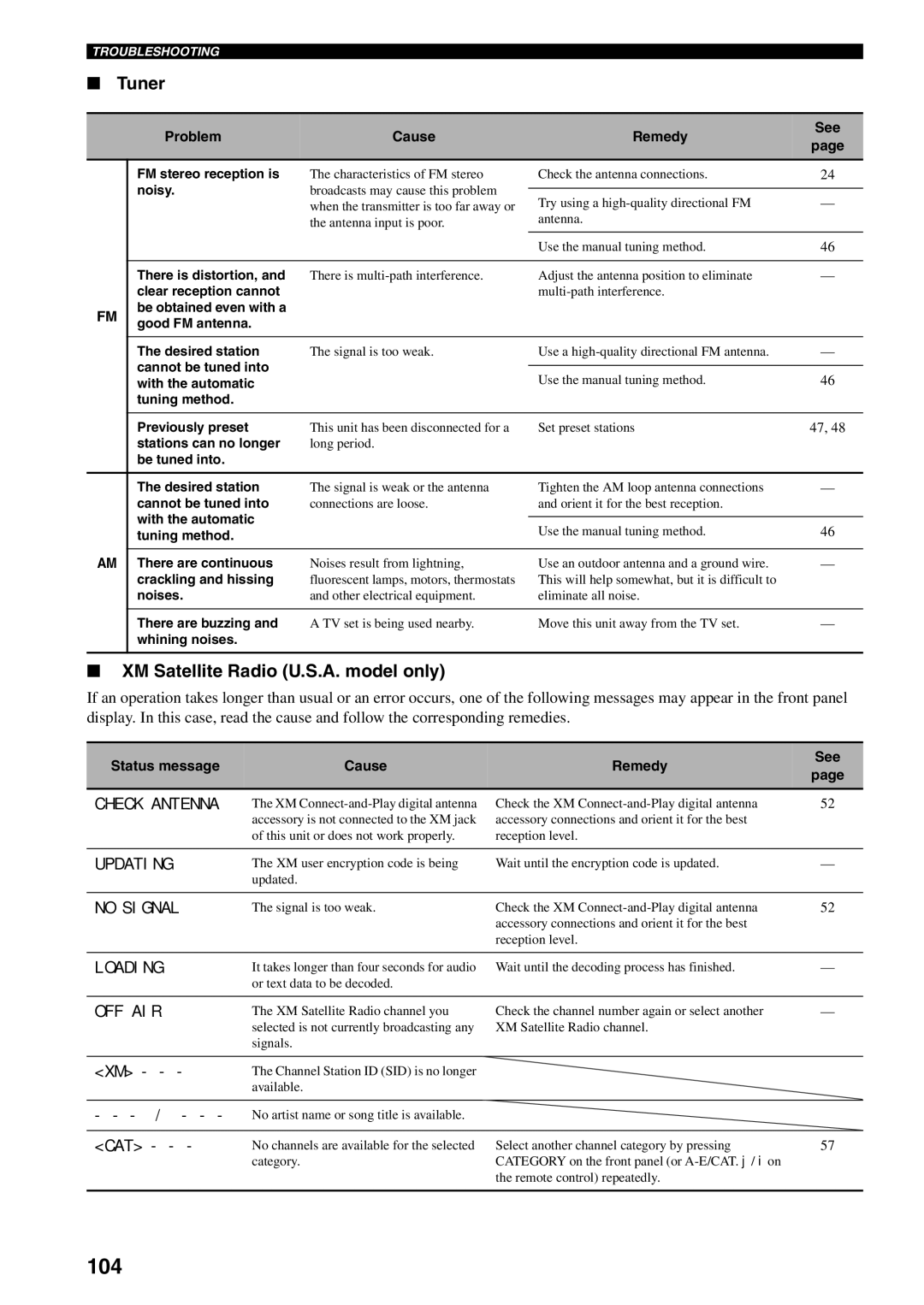 Yamaha RX-V559 owner manual 104, Tuner, XM Satellite Radio U.S.A. model only 