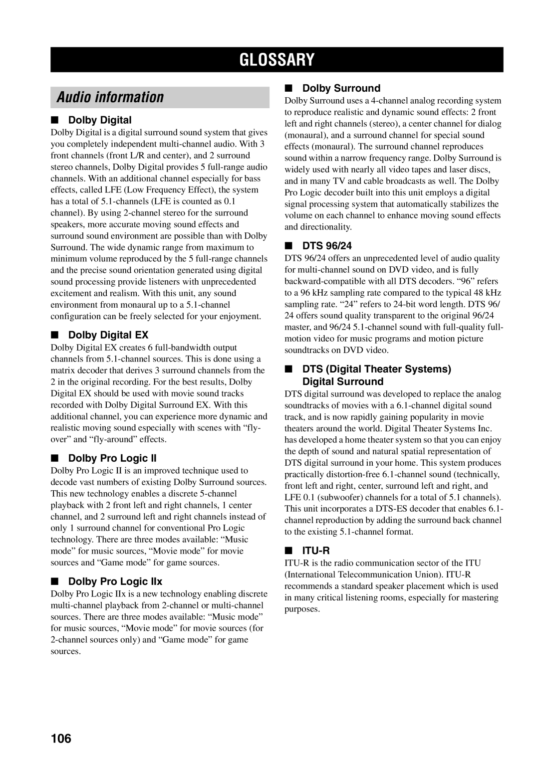 Yamaha RX-V559 owner manual Glossary, Audio information, 106 