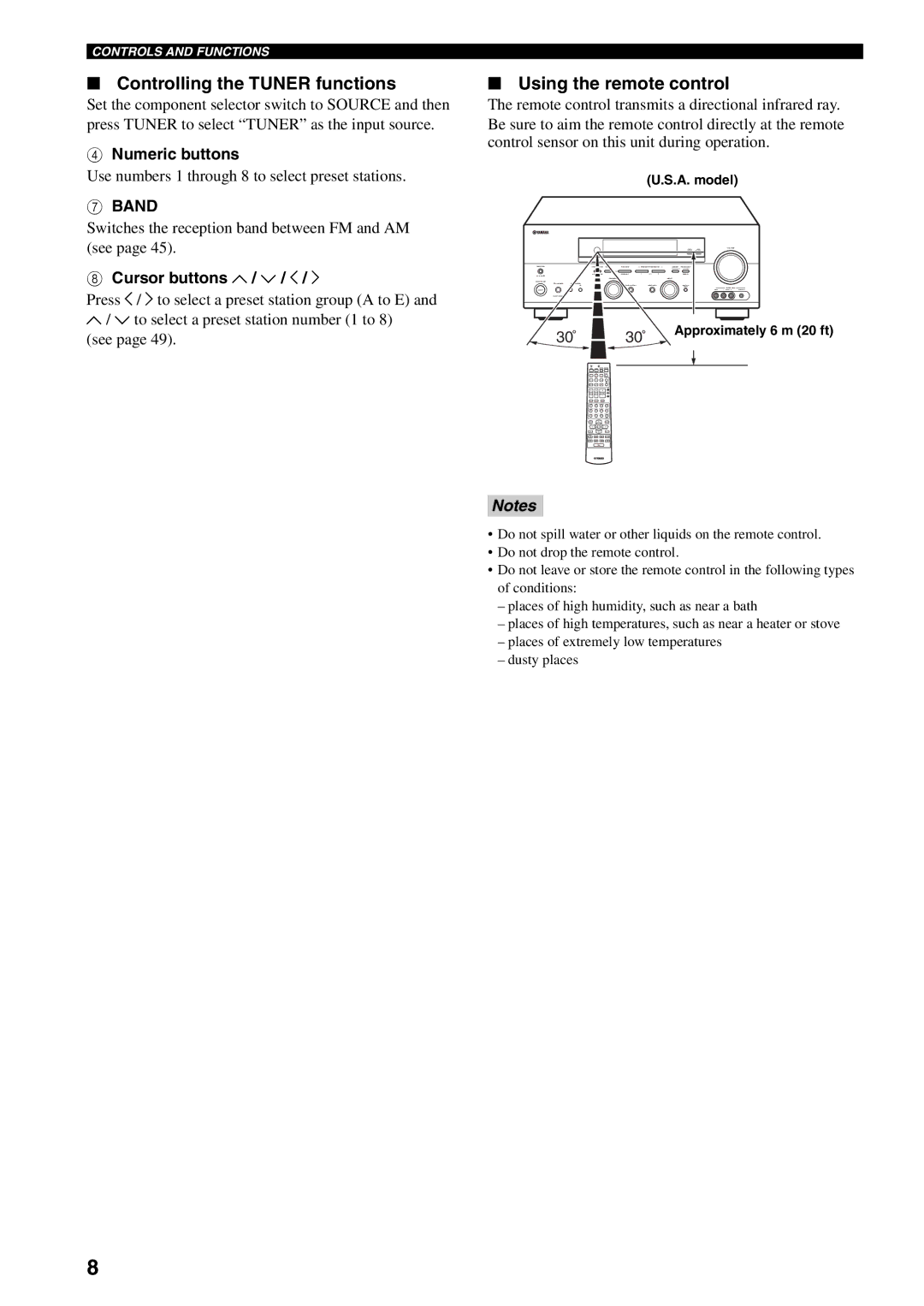 Yamaha RX-V559 Controlling the Tuner functions, Using the remote control, Numeric buttons, Band, Cursor buttons u / d / j 