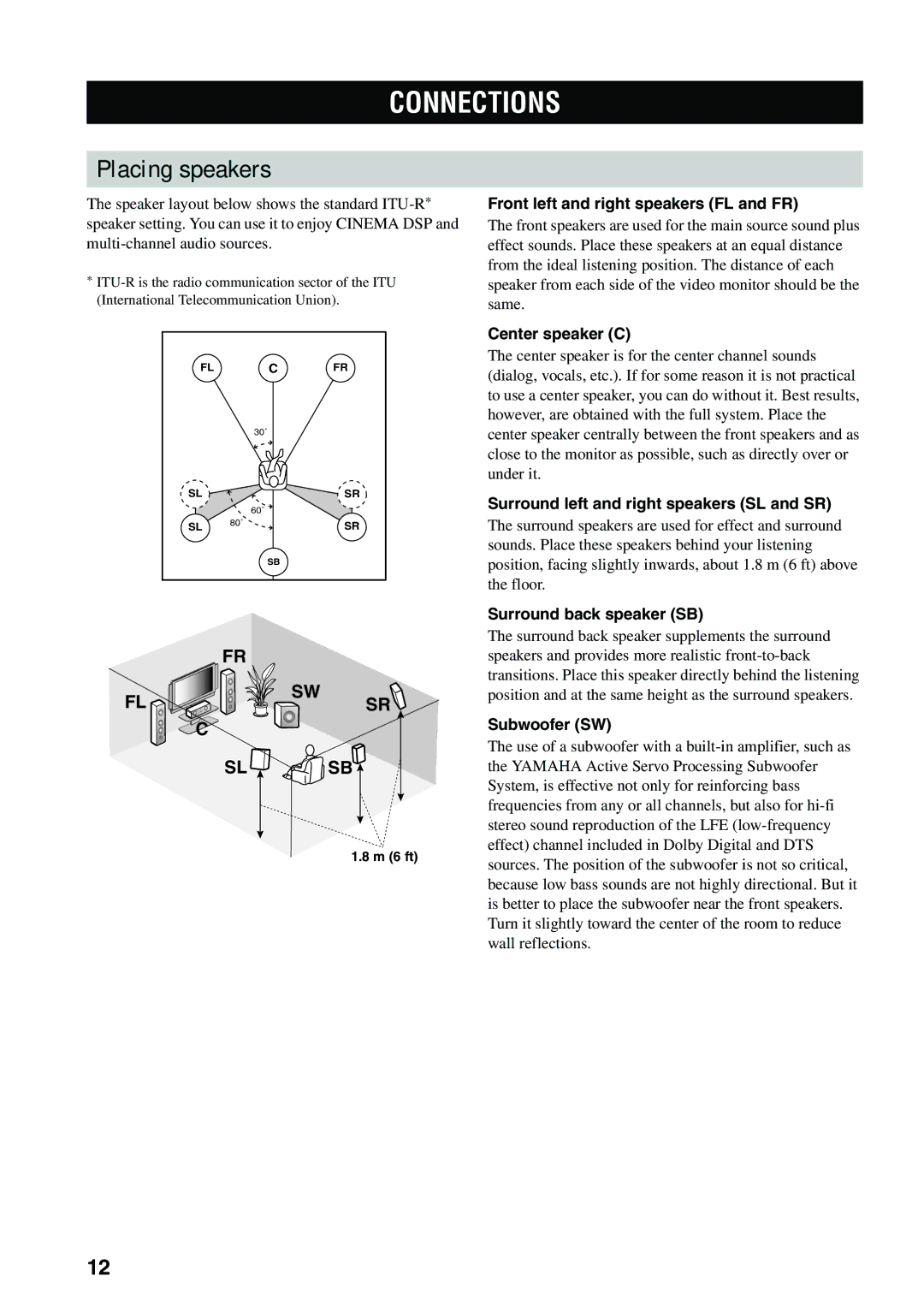 Yamaha RX-V559 owner manual Connections, Placing speakers 