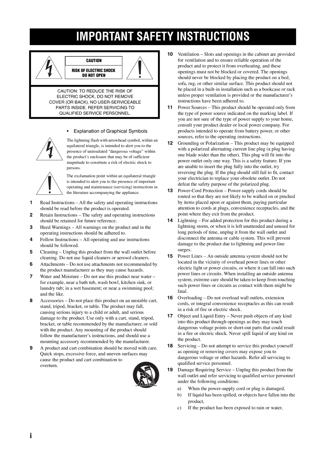 Yamaha RX-V559 owner manual Important Safety Instructions 