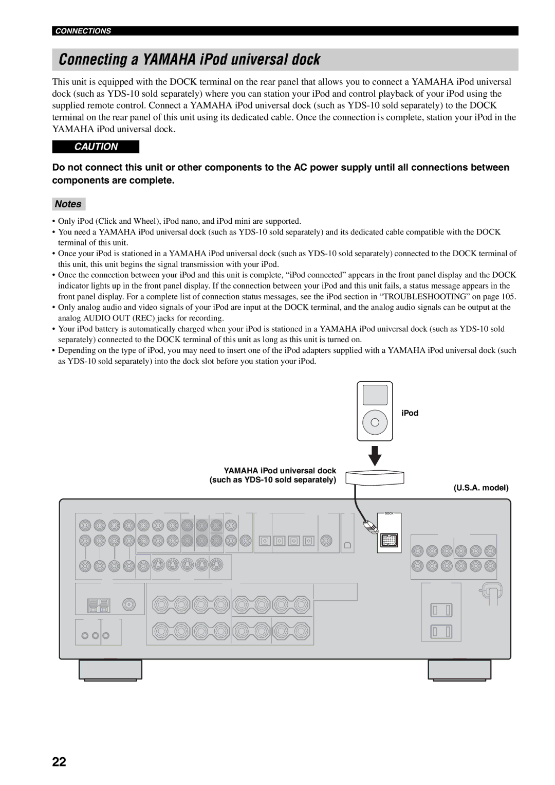 Yamaha RX-V559 owner manual Connecting a Yamaha iPod universal dock 