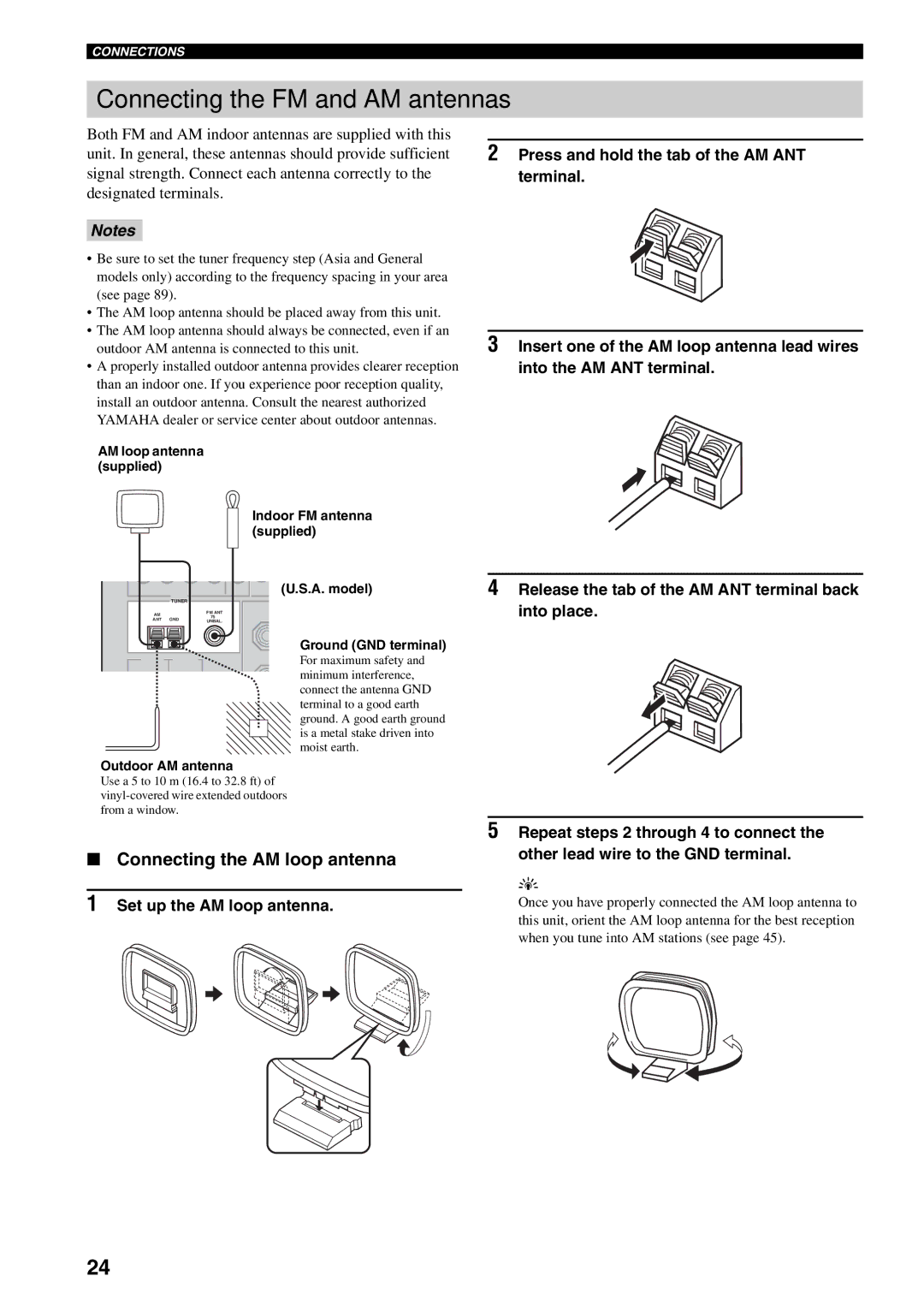 Yamaha RX-V559 owner manual Connecting the AM loop antenna, Into place, Ground GND terminal, Outdoor AM antenna 