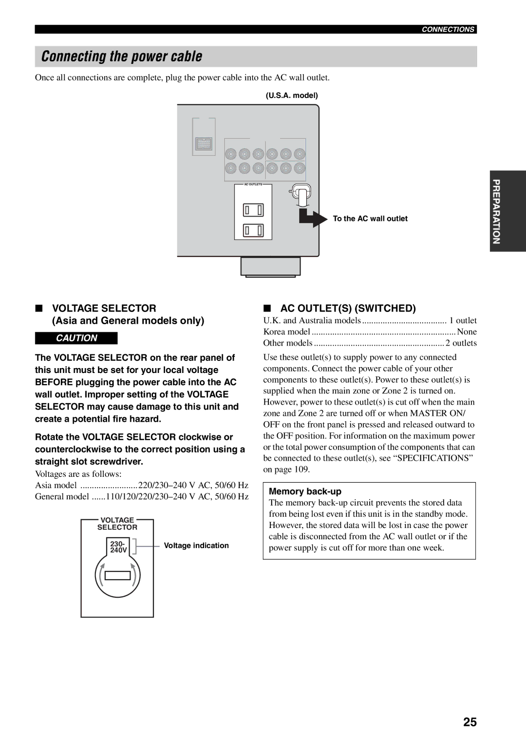 Yamaha RX-V559 owner manual Connecting the power cable, Memory back-up 