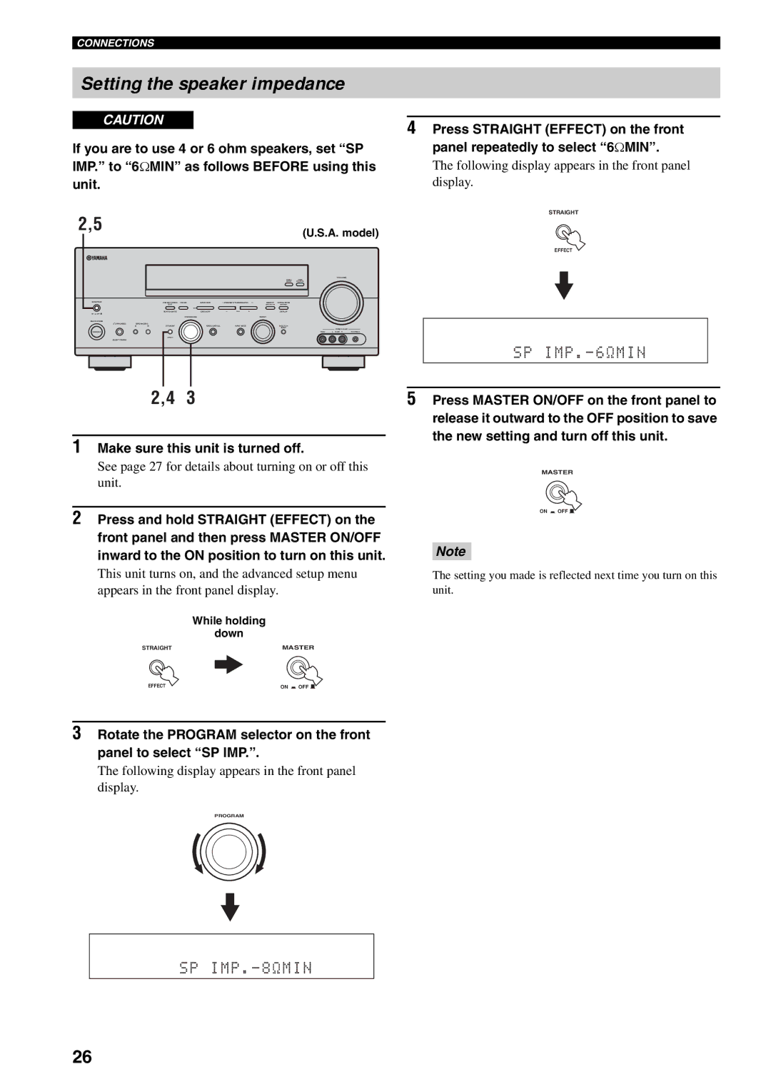 Yamaha RX-V559 owner manual Setting the speaker impedance, Make sure this unit is turned off 