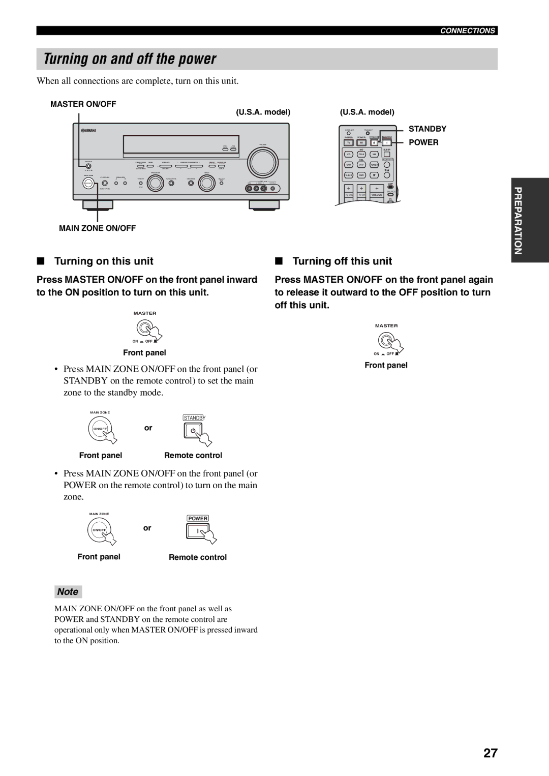 Yamaha RX-V559 owner manual Turning on and off the power, Turning on this unit, Turning off this unit 