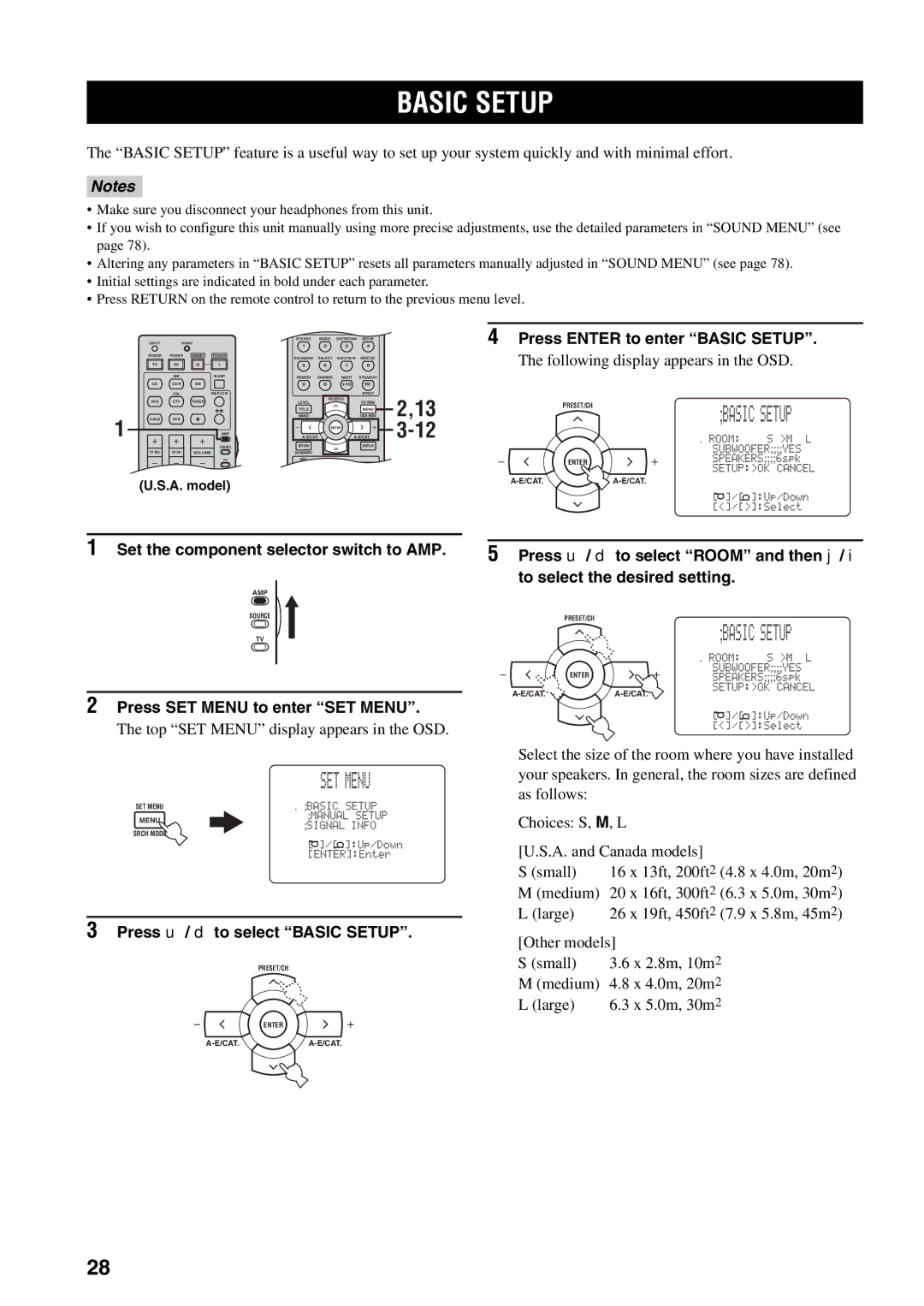 Yamaha RX-V559 Press Enter to enter Basic Setup, Press SET Menu to enter SET Menu, Press u / d to select Basic Setup 