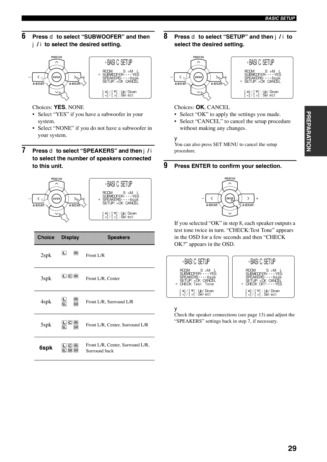 Yamaha RX-V559 owner manual Basic Setup, Press Enter to confirm your selection 