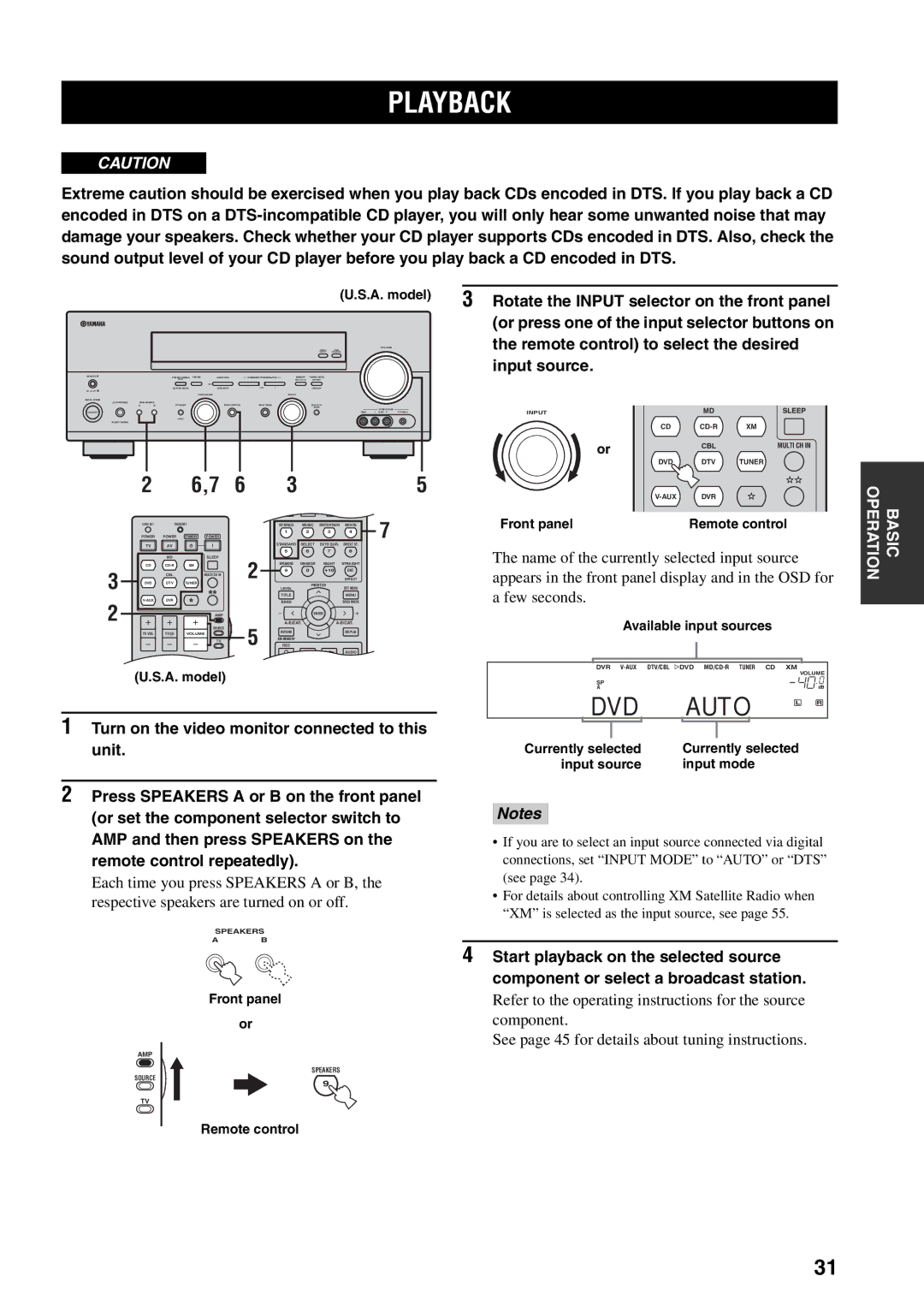 Yamaha RX-V559 owner manual Playback, Available input sources, Currently selected Input source Input mode 