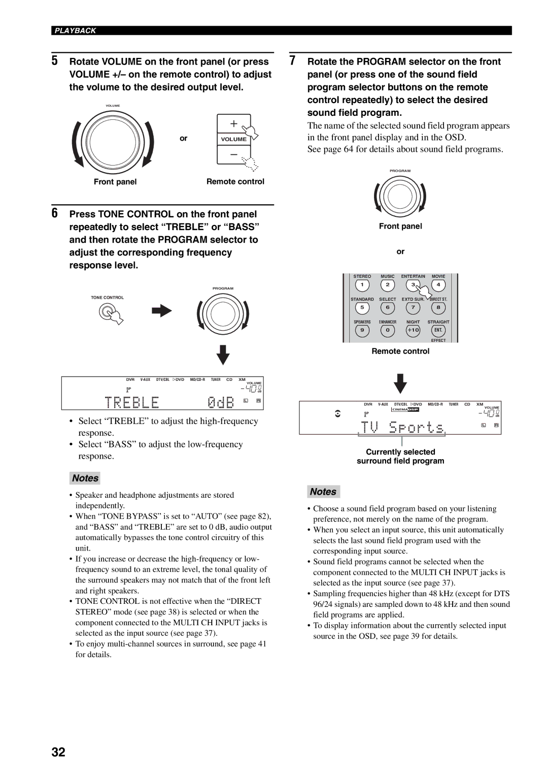 Yamaha RX-V559 owner manual Treble, Currently selected Surround field program 