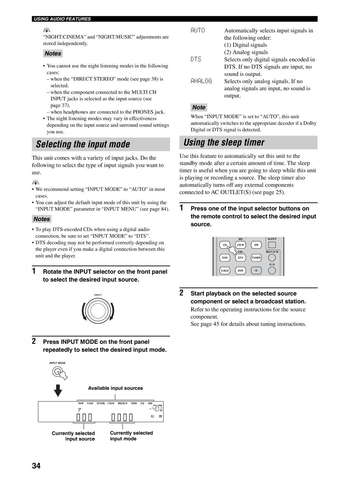 Yamaha RX-V559 owner manual Selecting the input mode, Using the sleep timer, Auto, Dts, Analog 