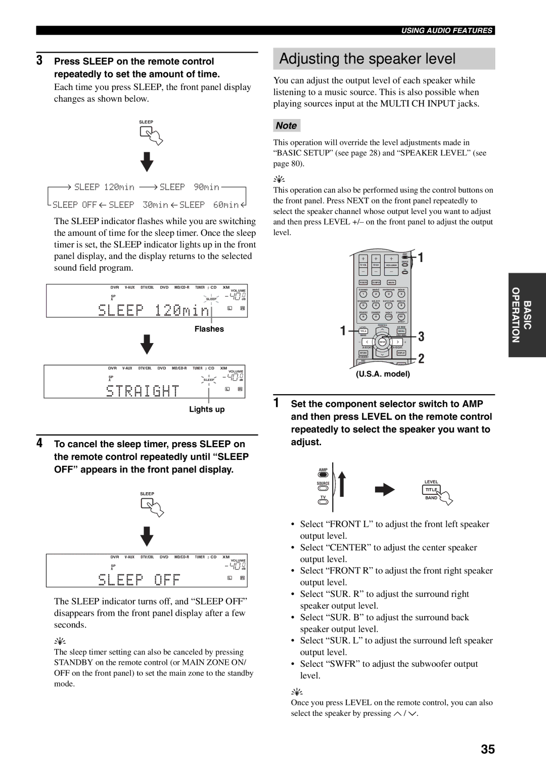 Yamaha RX-V559 owner manual Adjusting the speaker level, Flashes, Lights up 