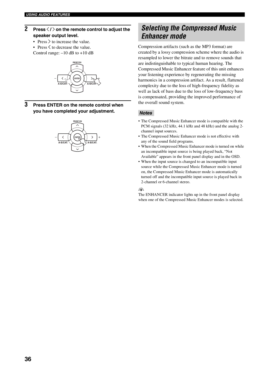 Yamaha RX-V559 owner manual Selecting the Compressed Music Enhancer mode 