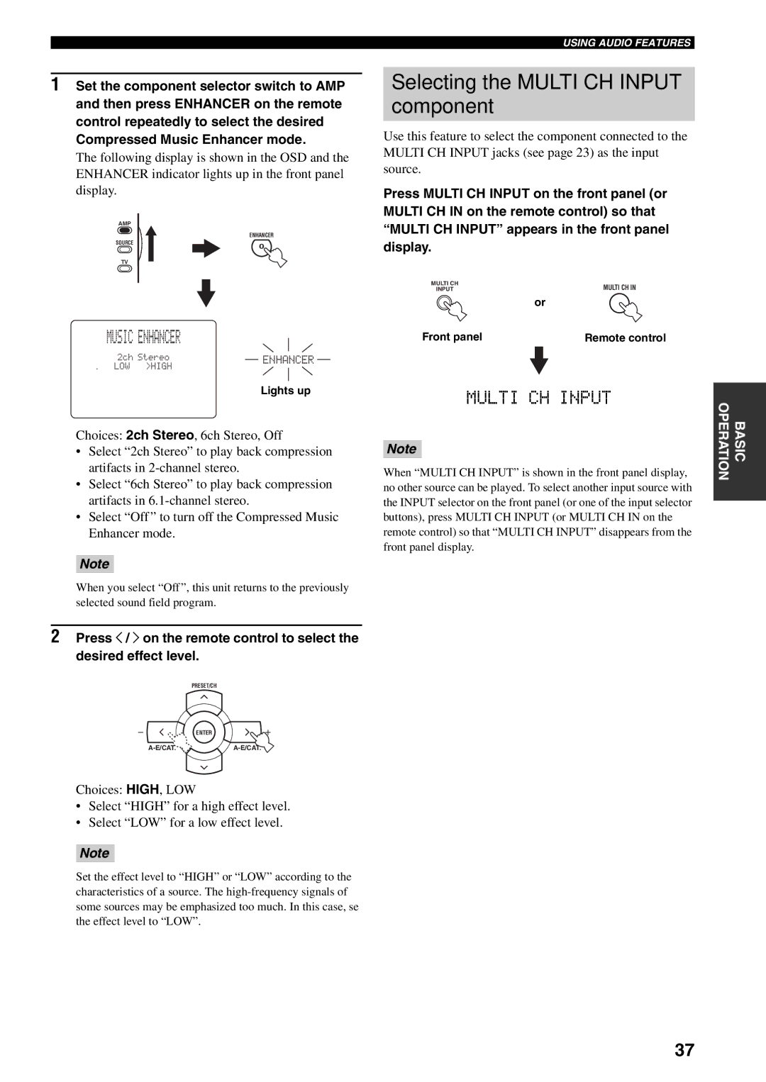 Yamaha RX-V559 owner manual Selecting the Multi CH Input component, Music Enhancer, Display 