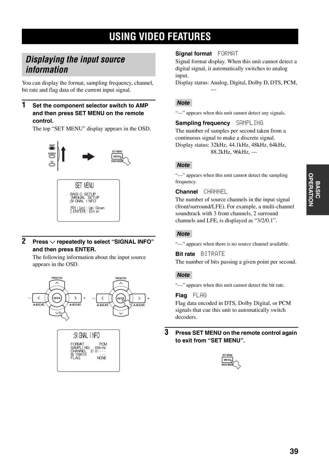 Yamaha RX-V559 owner manual Using Video Features, Displaying the input source information, SET Menu, Signal Info 