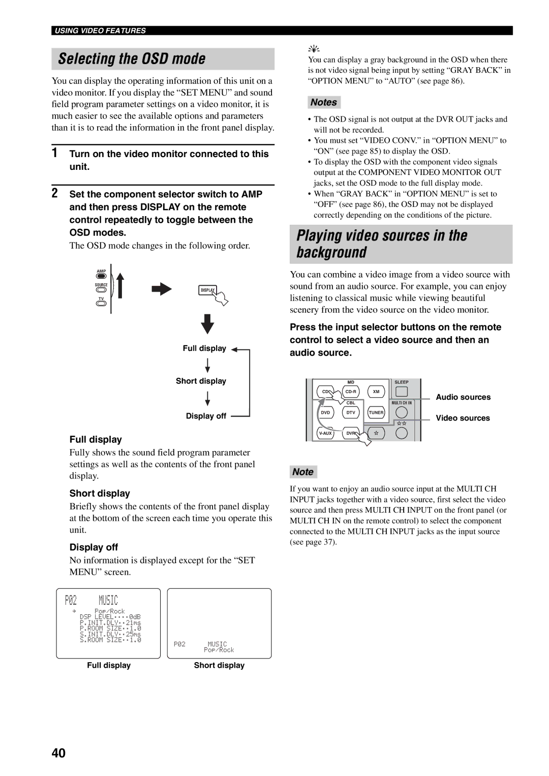 Yamaha RX-V559 owner manual Selecting the OSD mode, Playing video sources in the background, Music 