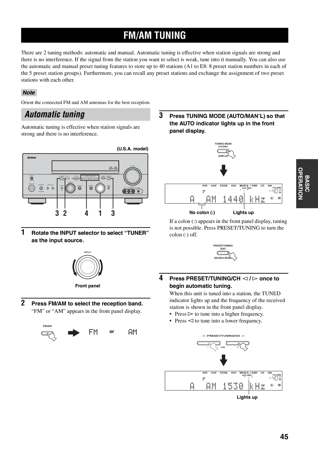 Yamaha RX-V559 owner manual FM/AM Tuning, Automatic tuning, 4 1, Press FM/AM to select the reception band 