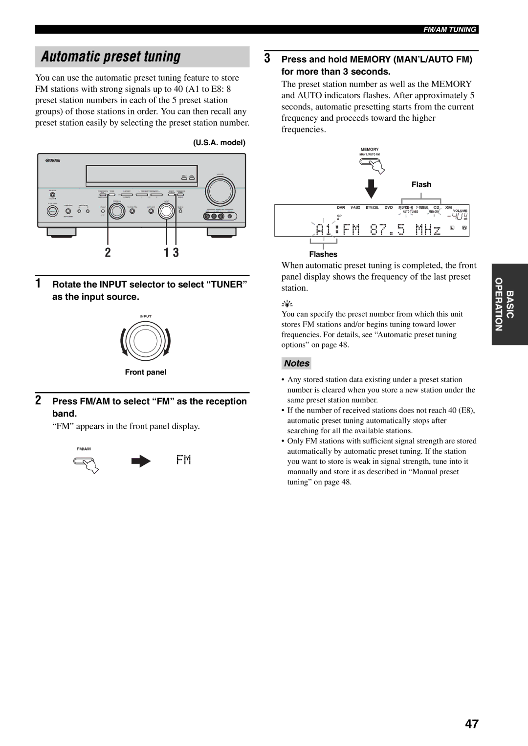 Yamaha RX-V559 owner manual Automatic preset tuning, Press and hold Memory MAN’L/AUTO FM, For more than 3 seconds 