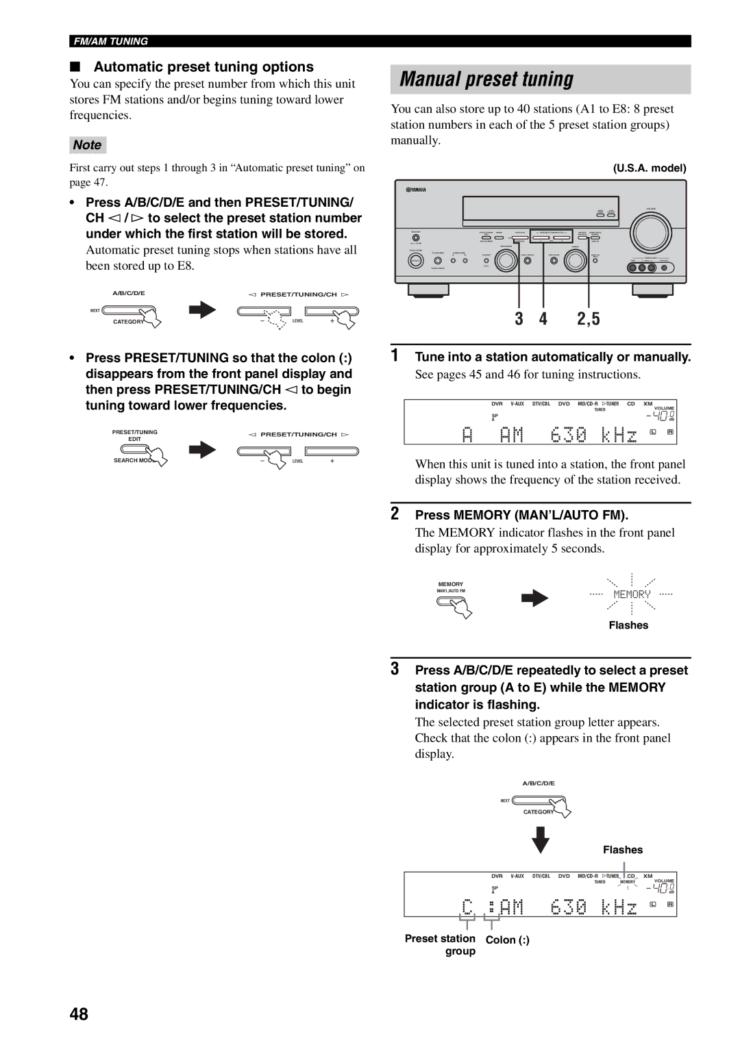 Yamaha RX-V559 Manual preset tuning, 2,5, Automatic preset tuning options, Tune into a station automatically or manually 