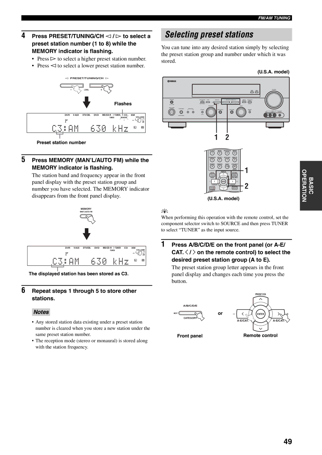 Yamaha RX-V559 Selecting preset stations, Repeat steps 1 through 5 to store other stations, Preset station number 