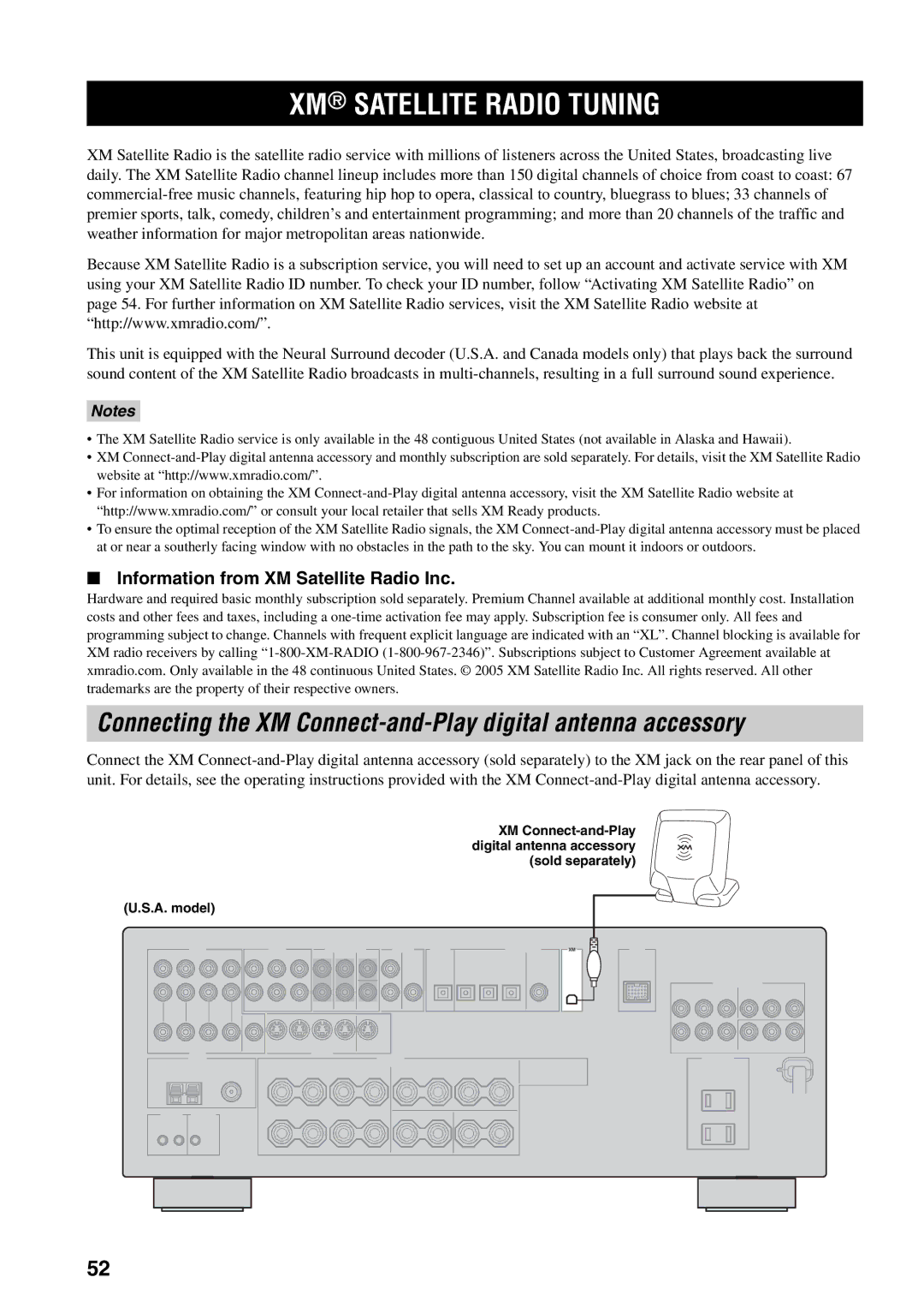 Yamaha RX-V559 owner manual XM Satellite Radio Tuning, Information from XM Satellite Radio Inc 