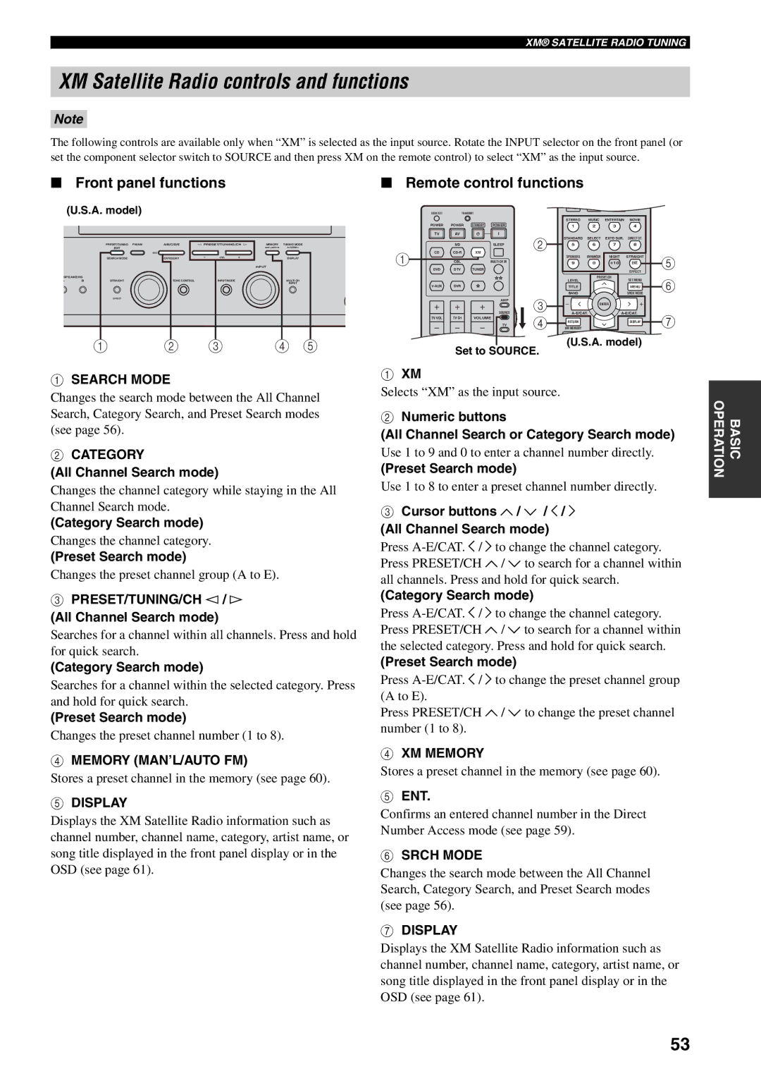 Yamaha RX-V559 owner manual XM Satellite Radio controls and functions, Front panel functions, Remote control functions 