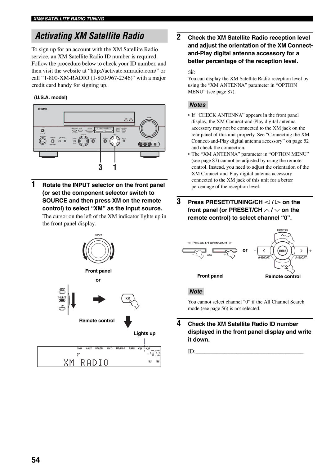 Yamaha RX-V559 owner manual Activating XM Satellite Radio, Remote control Lights up 