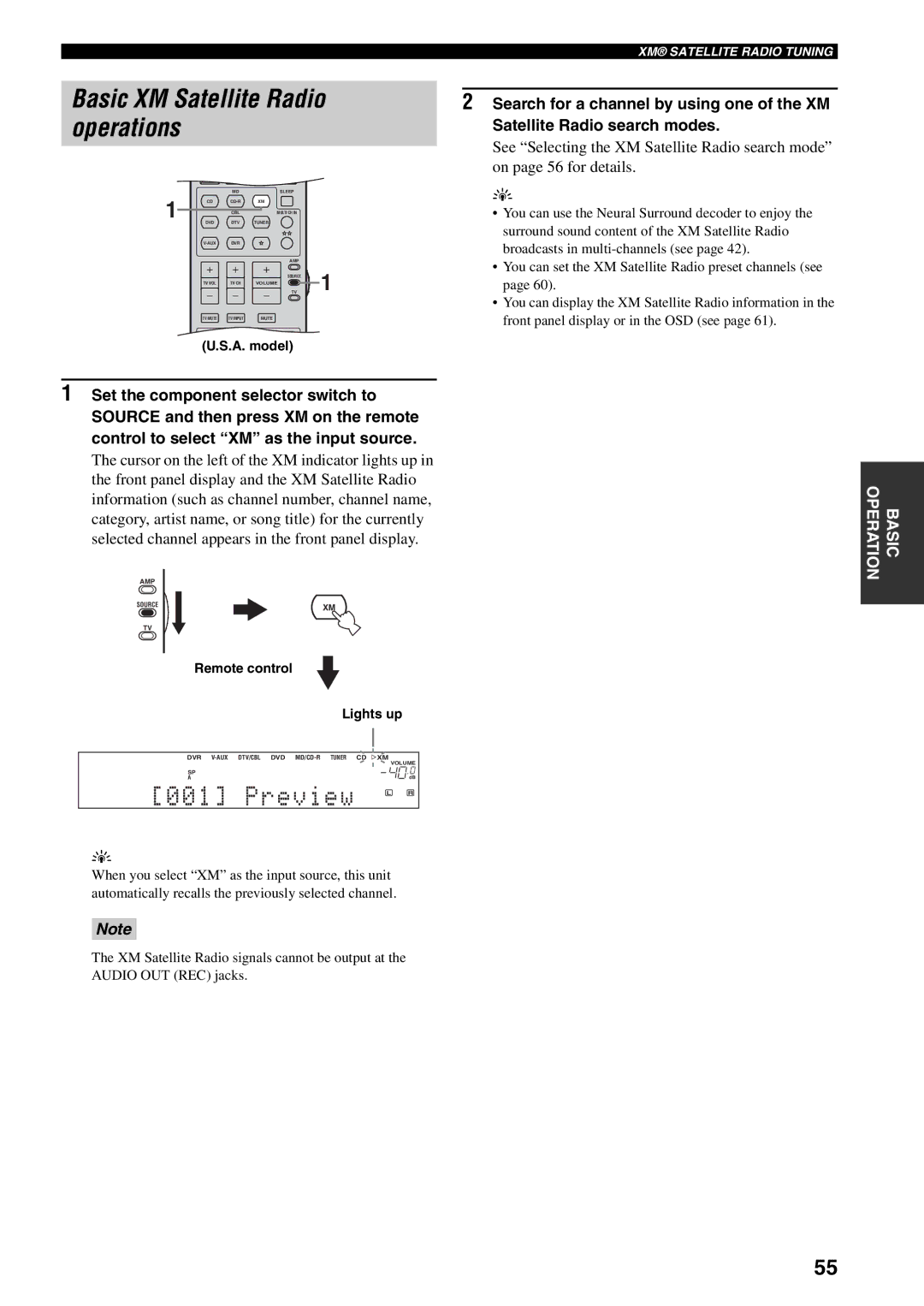 Yamaha RX-V559 owner manual Basic XM Satellite Radio operations, Preview L R 