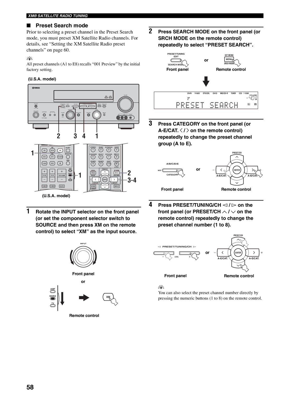 Yamaha RX-V559 Preset Search mode, Press Category on the front panel or, CAT. j / i on the remote control, Group a to E 