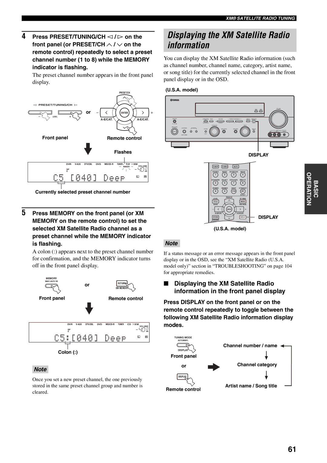 Yamaha RX-V559 Displaying the XM Satellite Radio information, Preset channel number appears in the front panel display 