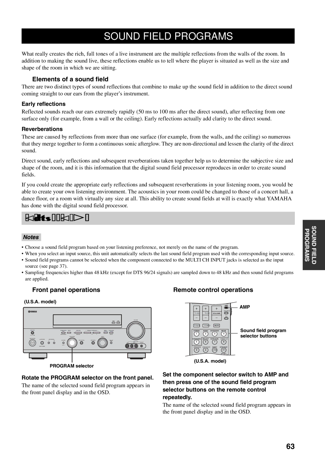 Yamaha RX-V559 Sound Field Programs, Selecting sound field programs, Elements of a sound field, Front panel operations 