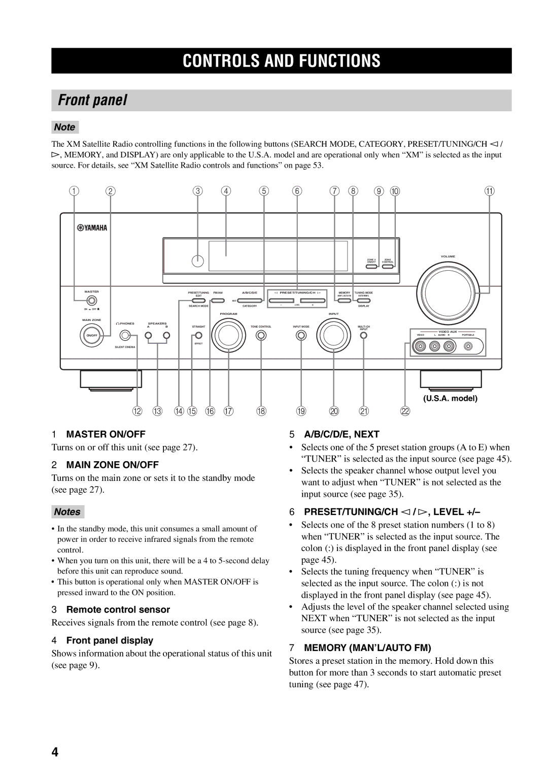 Yamaha RX-V559 owner manual Controls and Functions, Front panel 