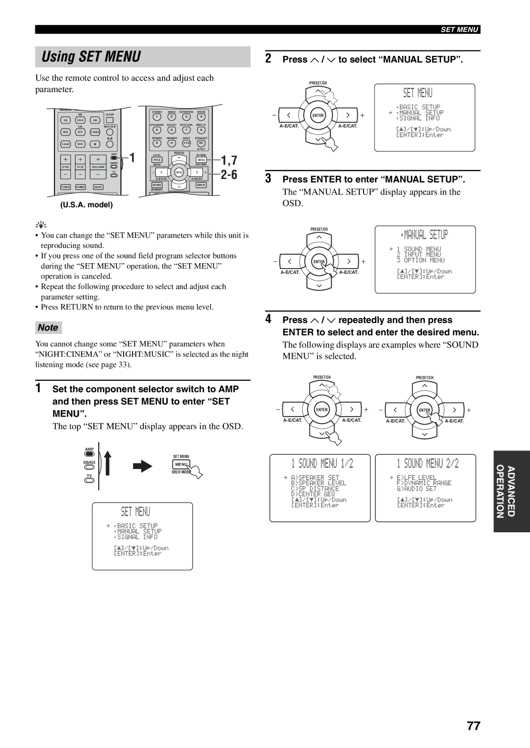 Yamaha RX-V559 owner manual Using SET Menu, Use the remote control to access and adjust each parameter 